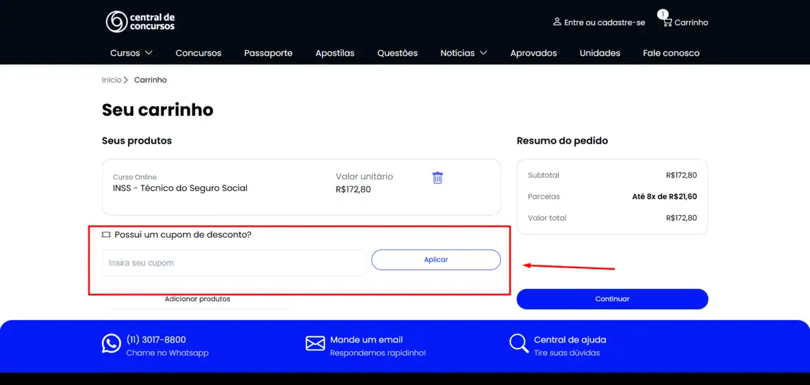 Onde inserir cupom de desconto Central de Concursos