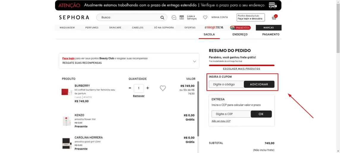Onde inserir cupom de desconto Sephora