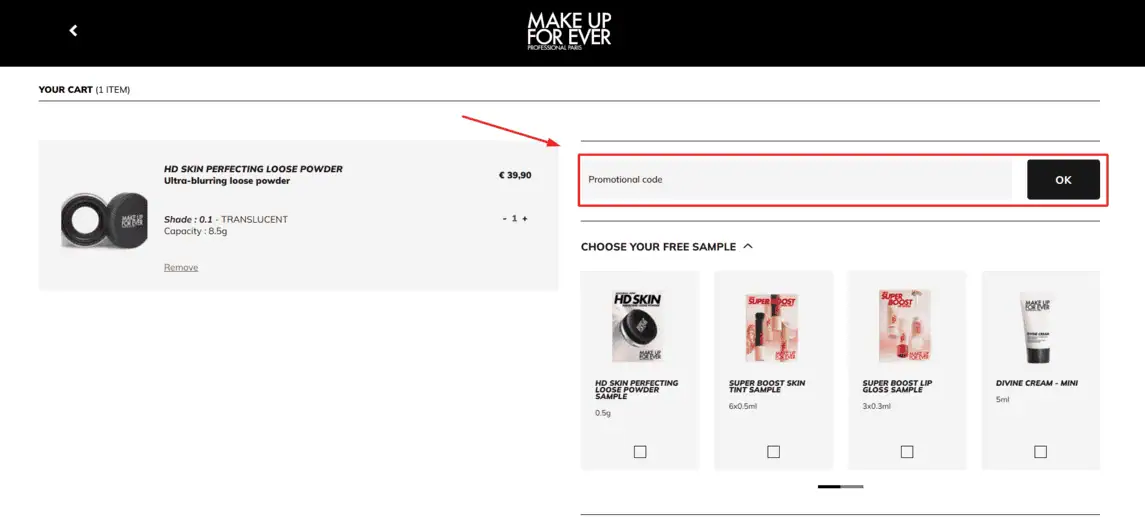 Onde inserir cupom de desconto Make up for ever