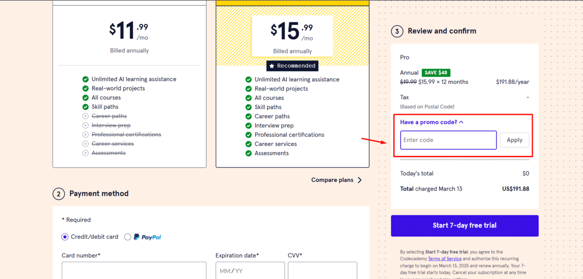 Onde inserir cupom de desconto Codecademy