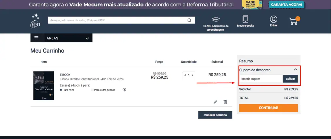 Onde inserir cupom de desconto Grupo Gen