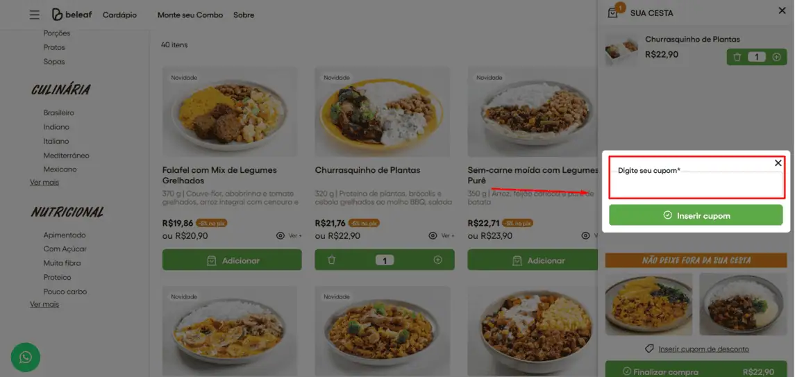 Onde inserir cupom de desconto Beleaf