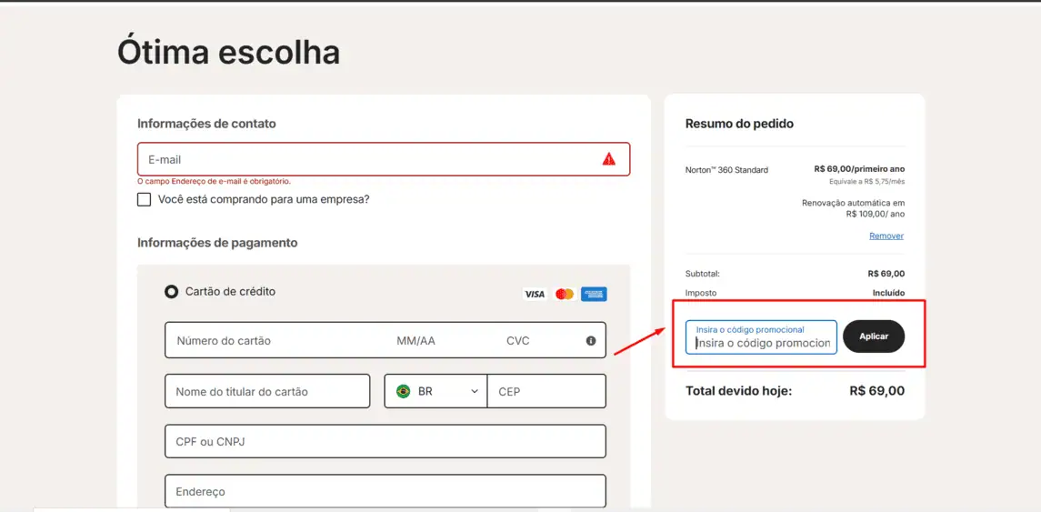 Onde inserir cupom de desconto Norton