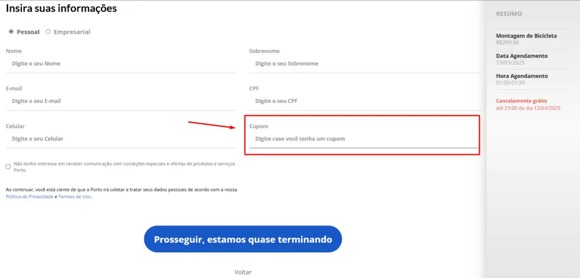 Onde inserir cupom de desconto Porto Seguro - Faz