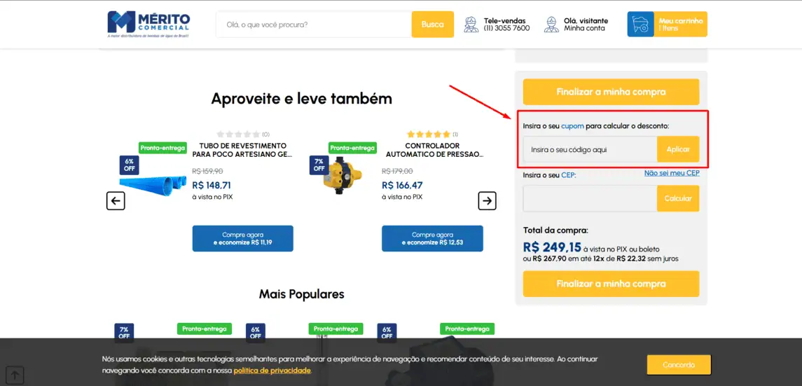 Onde inserir cupom de desconto Mérito Comercial