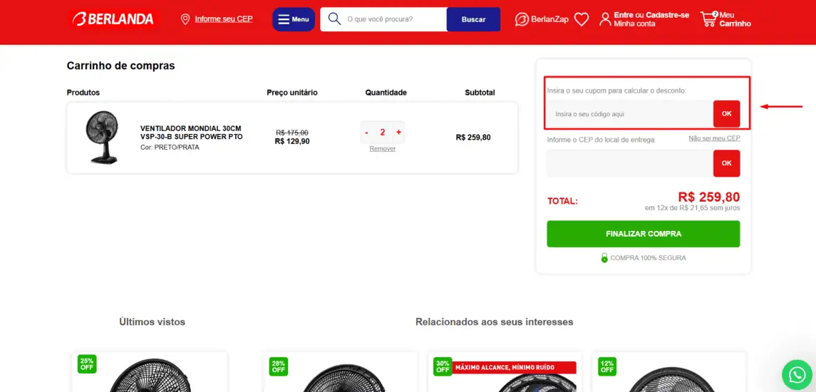 Onde inserir cupom de desconto Berlanda