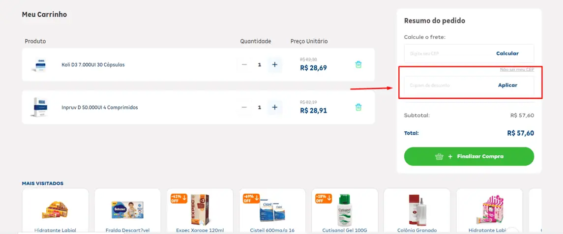 Onde inserir cupom de desconto Farmácia Indiana