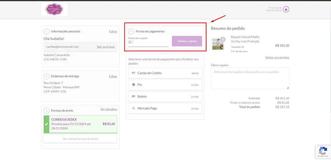 Onde inserir cupom de desconto Divinalu
