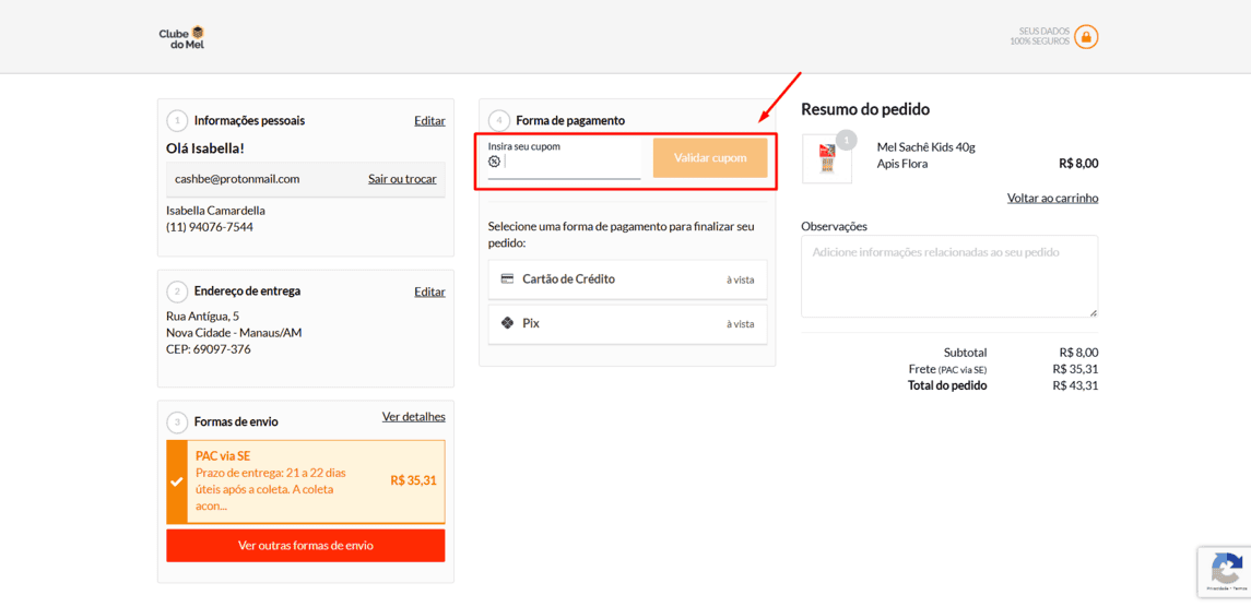 Onde inserir cupom de desconto Clube do Mel
