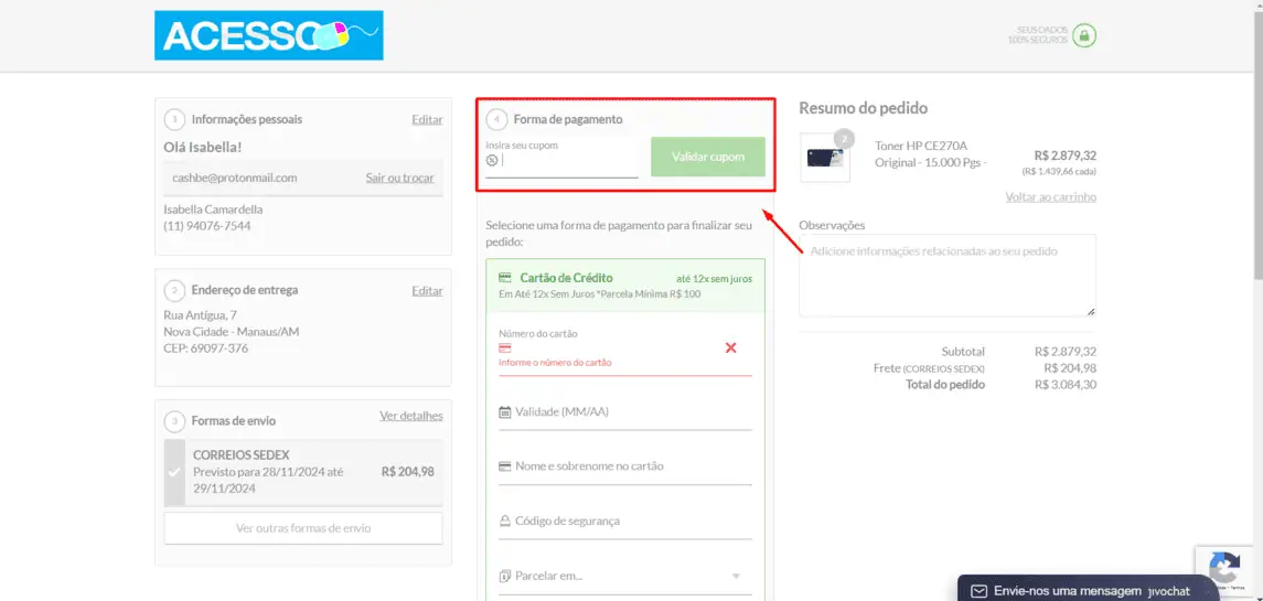 Onde inserir cupom de desconto AcessoShop