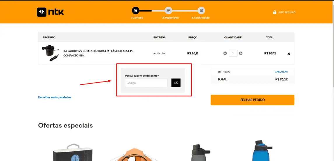Onde inserir cupom de desconto Nautika Lazer