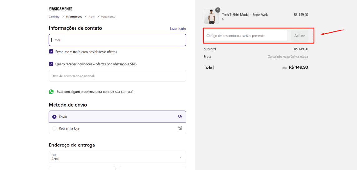 Onde inserir cupom de desconto Basicamente