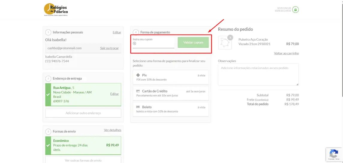 Onde inserir cupom de desconto Relogios de fabrica