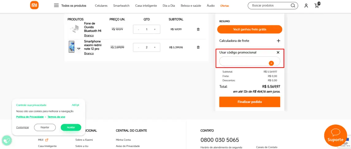 Onde inserir cupom de desconto Xiaomi