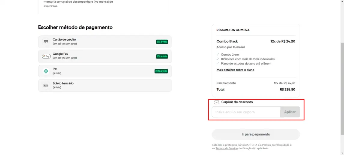 Onde inserir cupom de desconto Descomplica Pós
