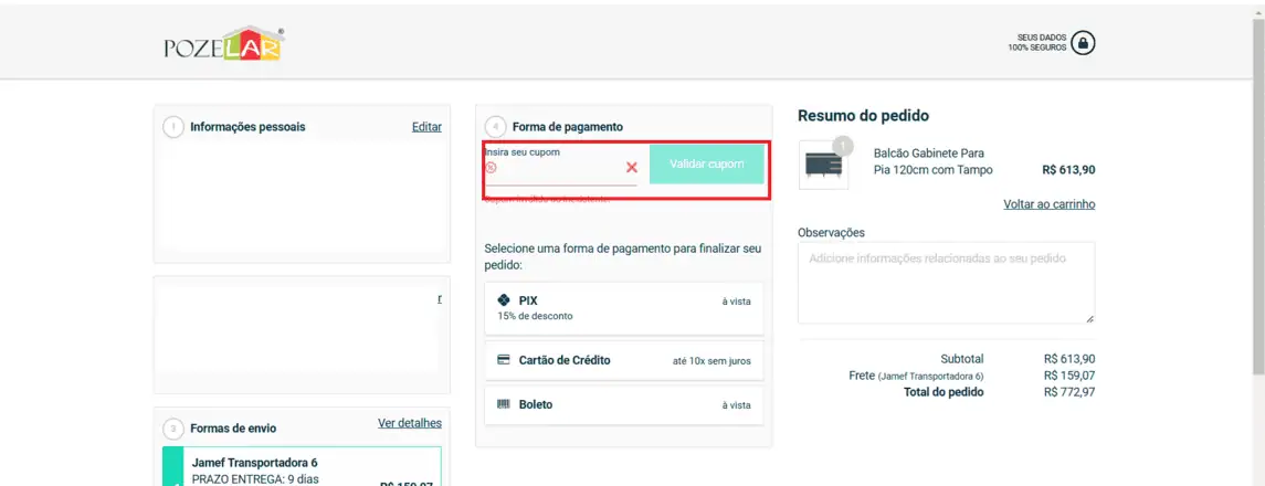 Onde inserir cupom de desconto Pozelar Móveis