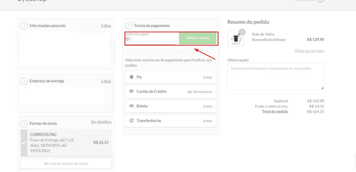 Onde inserir cupom de desconto Byoushop