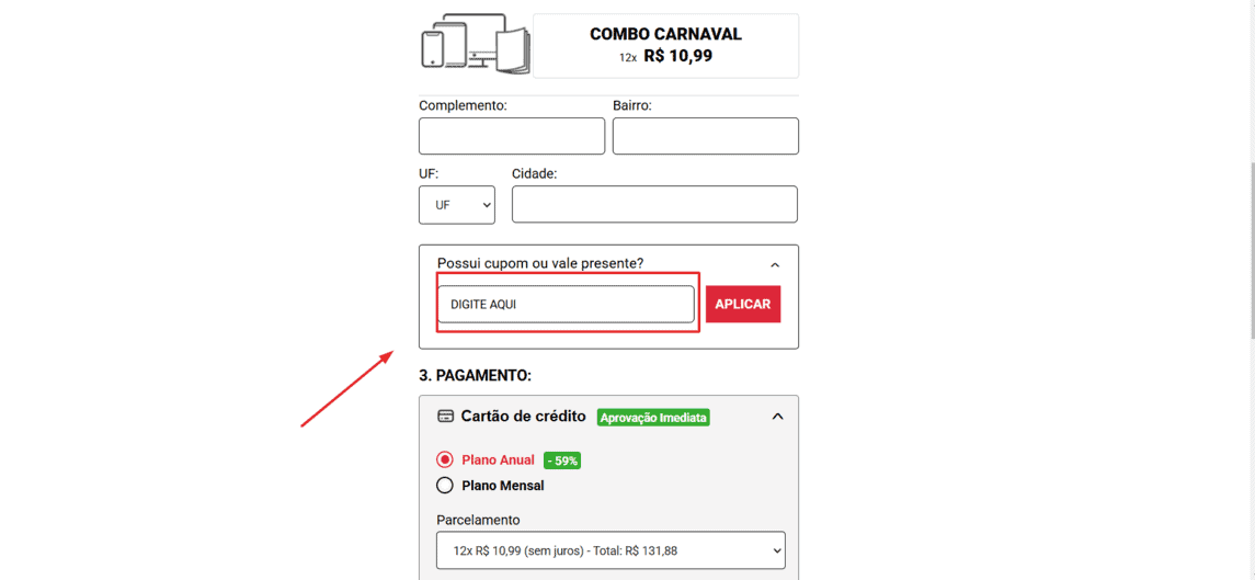 Onde inserir cupom de desconto Assine Abril