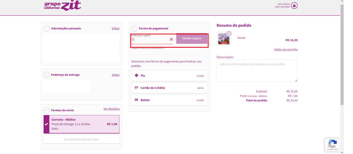 Onde inserir cupom de desconto Loja Zit Editora
