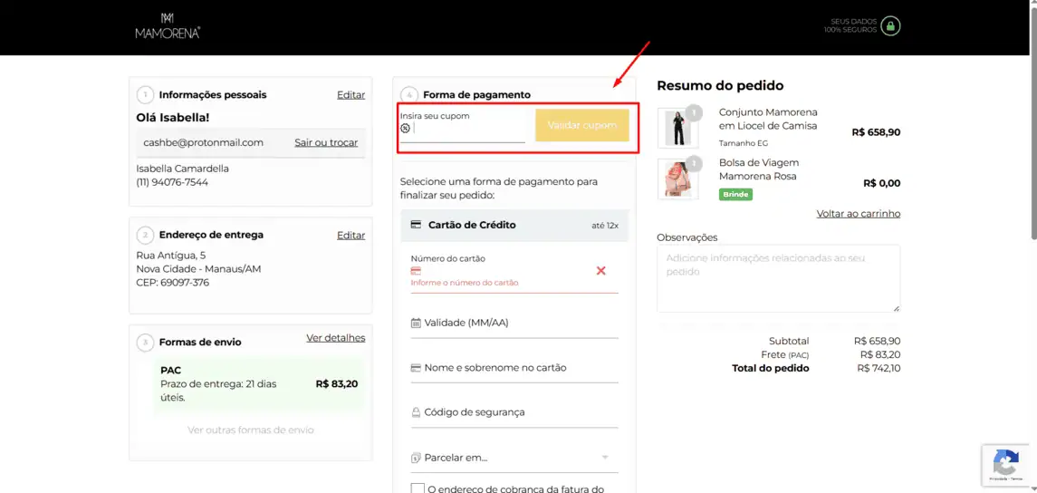Onde inserir cupom de desconto Mamorena