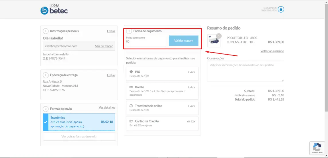 Onde inserir cupom de desconto Betec