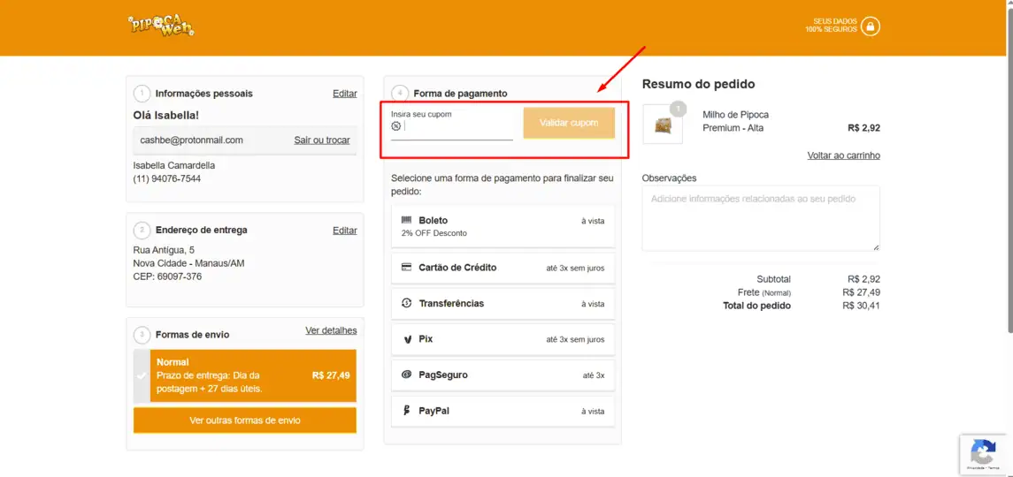 Onde inserir cupom de desconto Pipocaweb