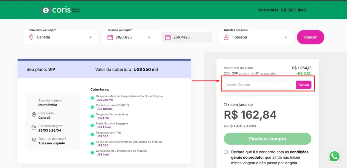 Onde inserir cupom de desconto April Seguro Viagens