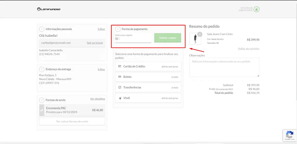 Onde inserir cupom de desconto Latifundio