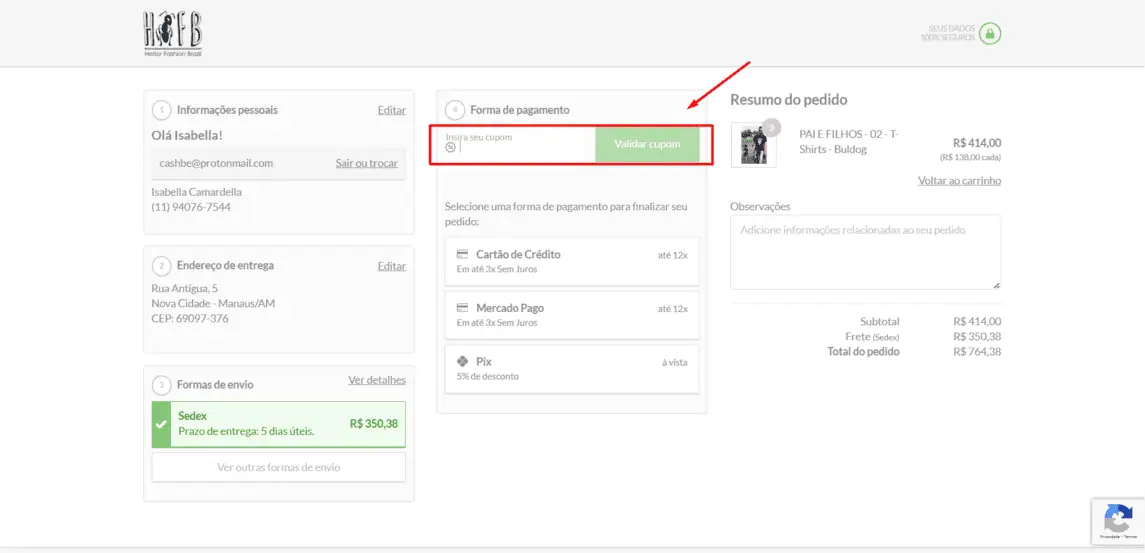 Onde inserir cupom de desconto HFBrazil