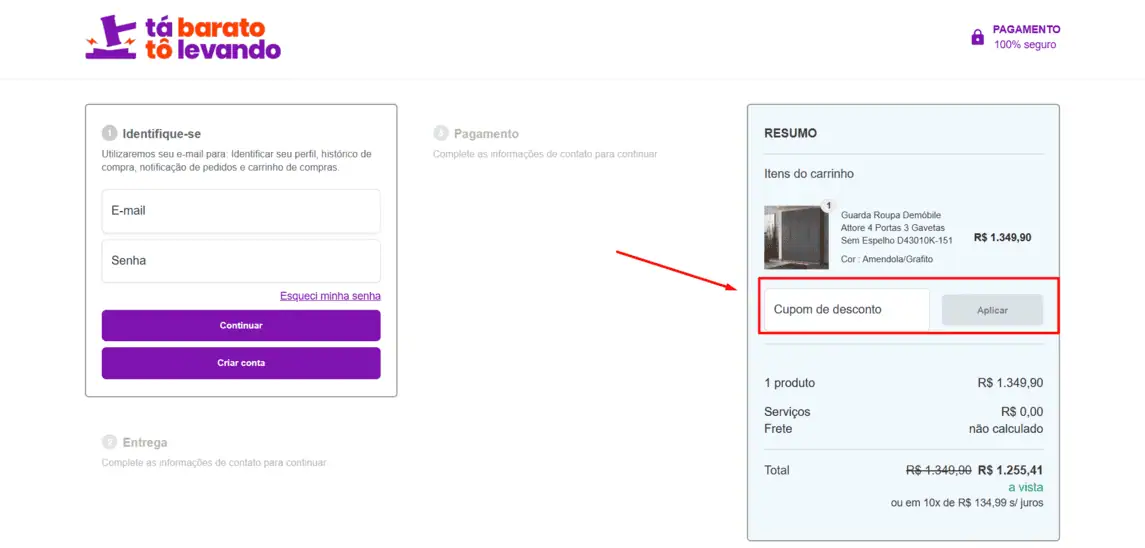 Onde inserir cupom de desconto Tá Barato Tô Levando