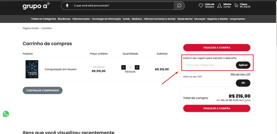 Onde inserir cupom de desconto Grupo A