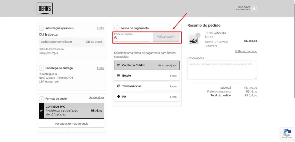 Onde inserir cupom de desconto Deans