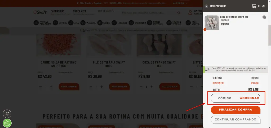 Onde inserir cupom de desconto Swift