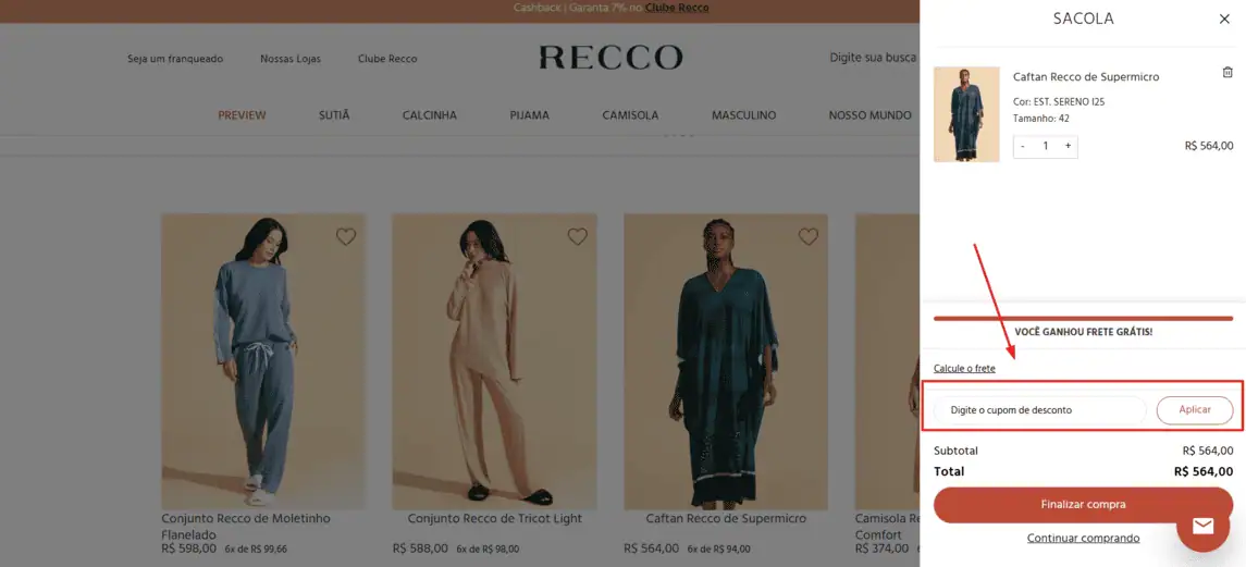 Onde inserir cupom de desconto Recco