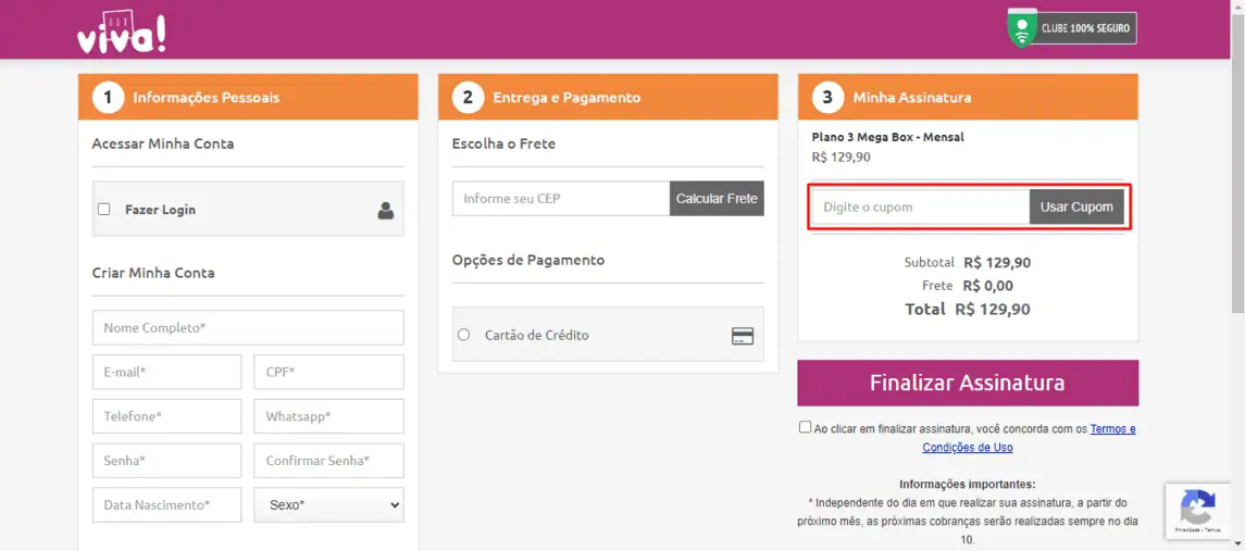 Onde inserir cupom de desconto Box Viva
