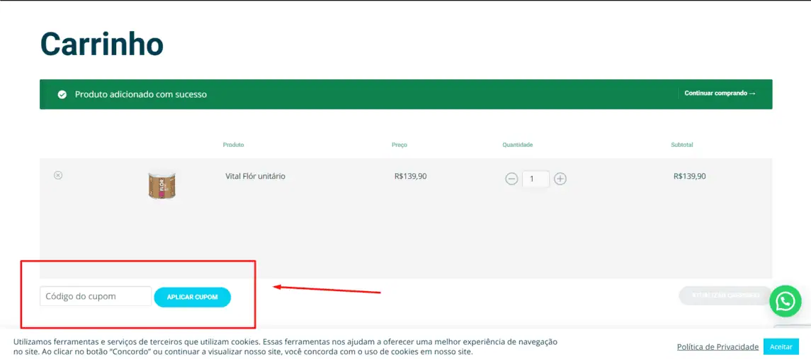 Onde inserir cupom de desconto Vital Atman