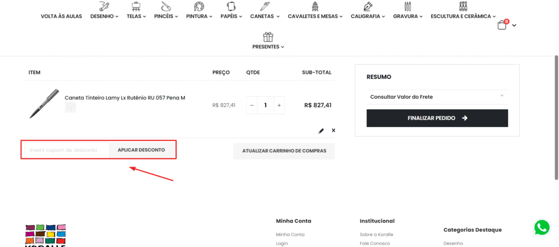 Onde inserir cupom de desconto Koralle