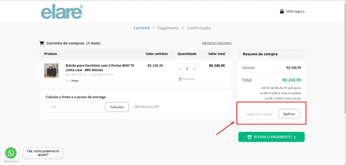 Onde inserir cupom de desconto Elare