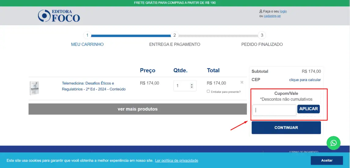 Onde inserir cupom de desconto Editora Foco