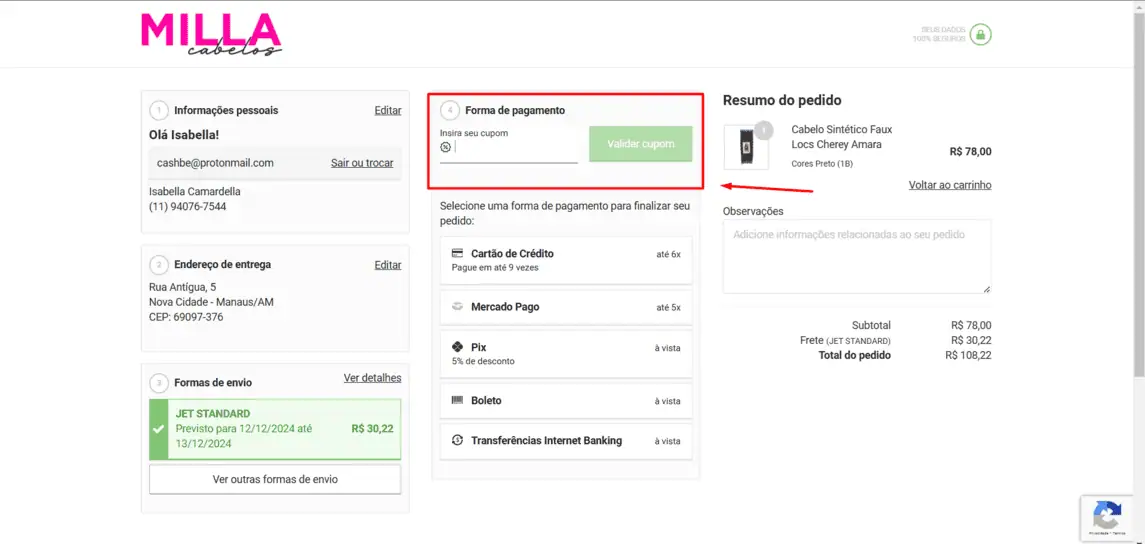 Onde inserir cupom de desconto Milla Cabelos