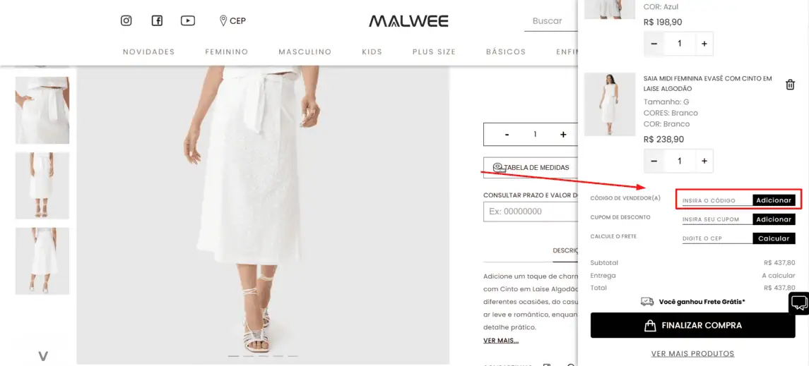 Onde inserir cupom de desconto Malwee