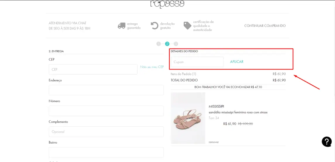 Onde inserir cupom de desconto Repassa