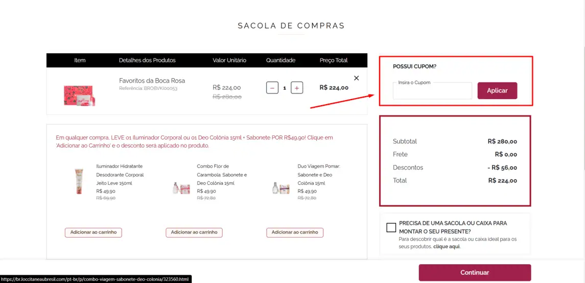Onde inserir cupom de desconto Loccitane Au Bresil