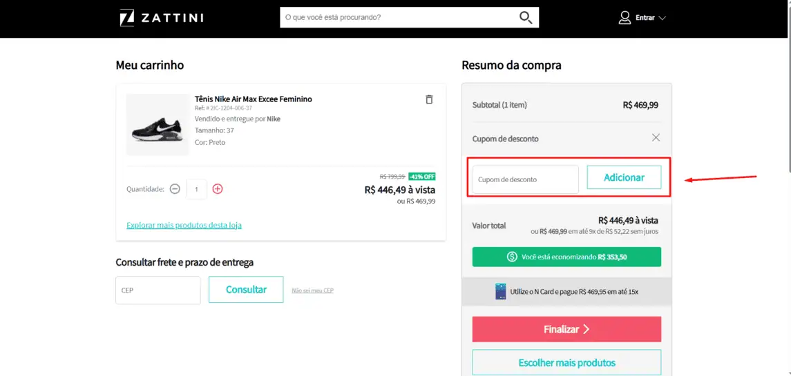 Onde inserir cupom de desconto Zattini