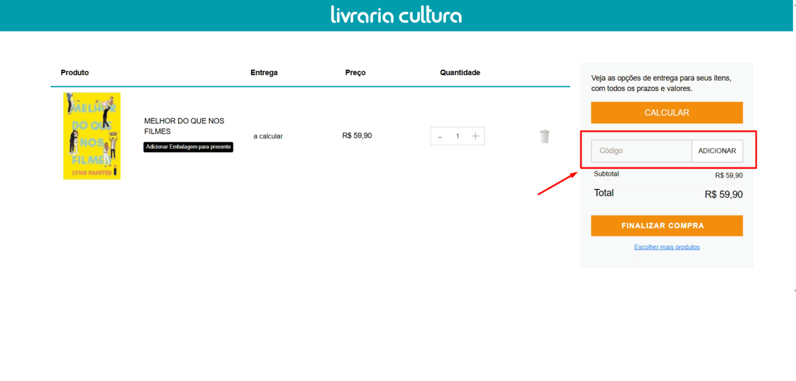 Onde inserir cupom de desconto Livraria Cultura