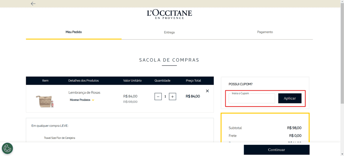 Onde inserir cupom de desconto L