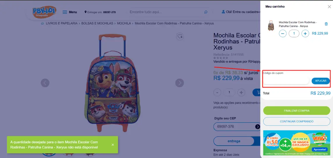 Onde inserir cupom de desconto PB Kids