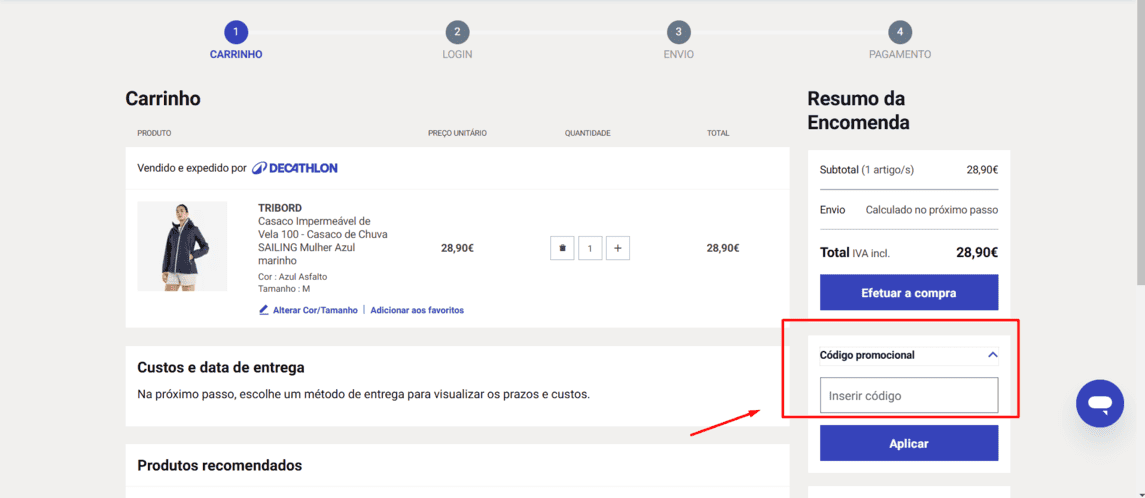 Onde inserir cupom de desconto Decathlon
