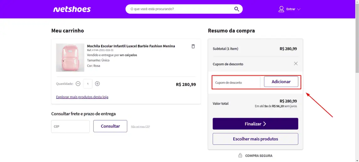 Onde inserir cupom de desconto Netshoes