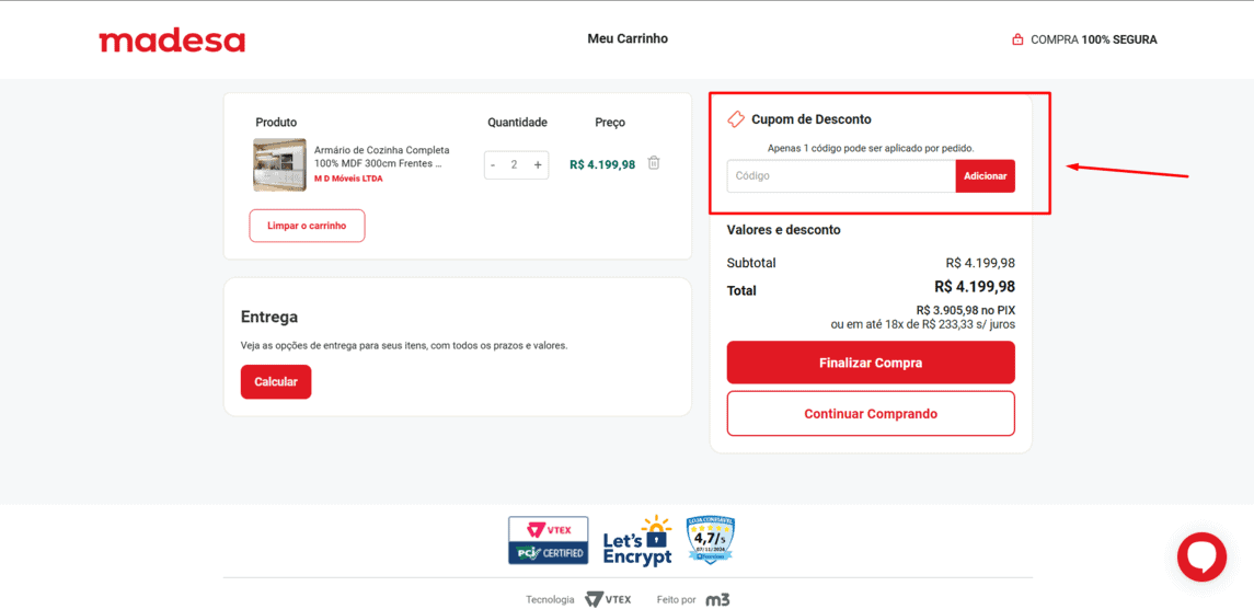 Onde inserir cupom de desconto Madesa
